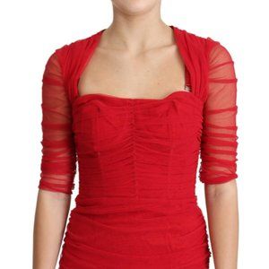 DOLCE & GABBANA  Red Mesh Trimmed Bodycon Sheath Midi Dress